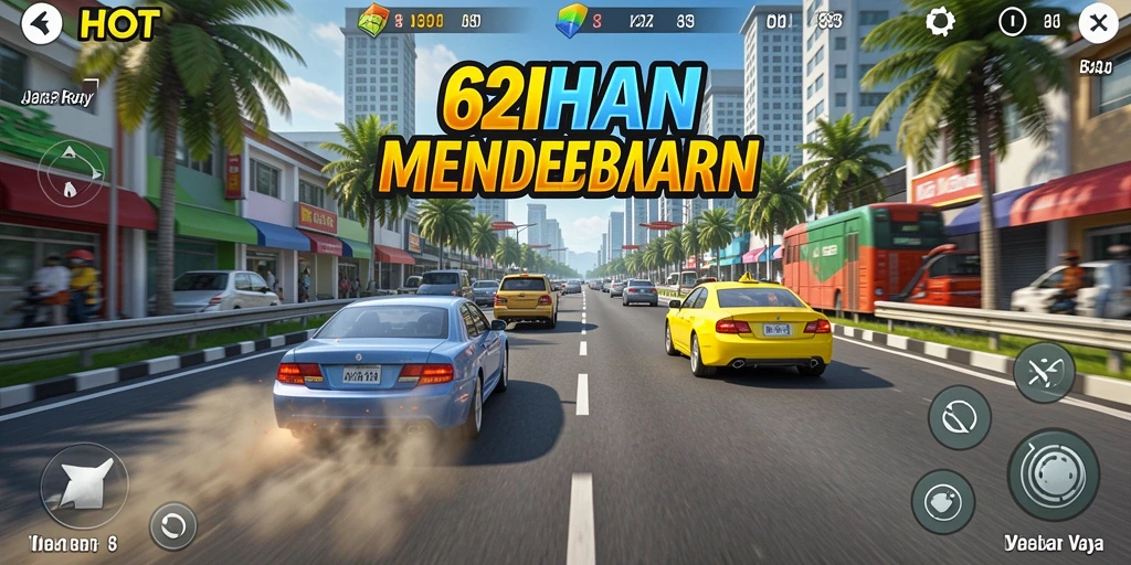 Tampilan gameplay 62HOT dengan kendaraan balap penuh aksi.