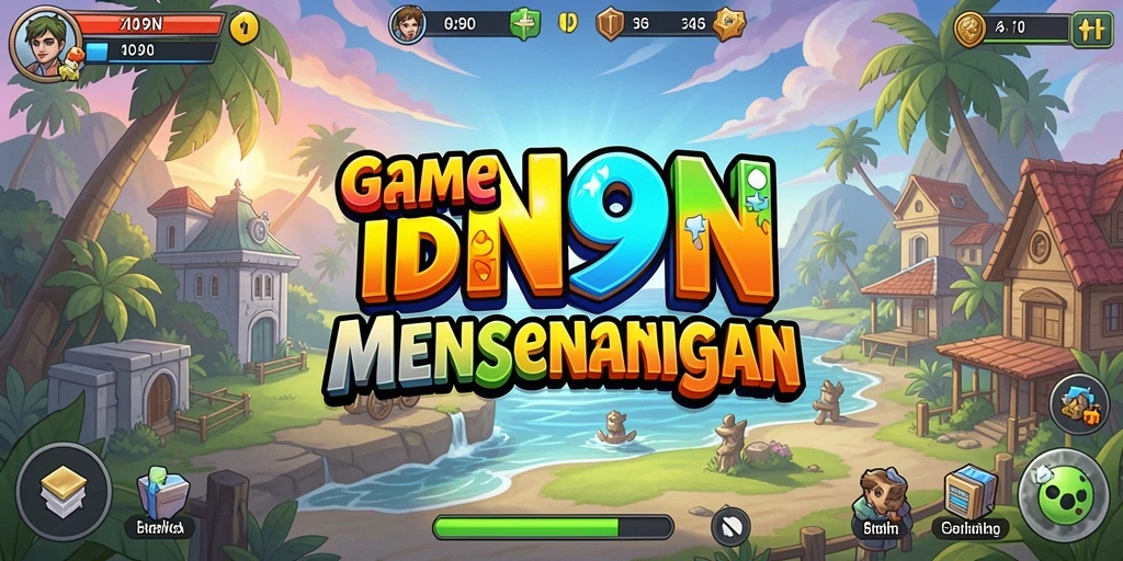 Screenshot gameplay 9N9N menampilkan karakter mengumpulkan sumber daya secara otomatis.