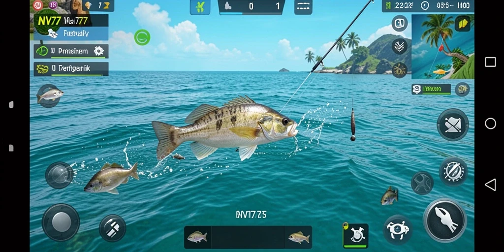 Tampilan gameplay NV77 yang menampilkan keindahan memancing di laut.